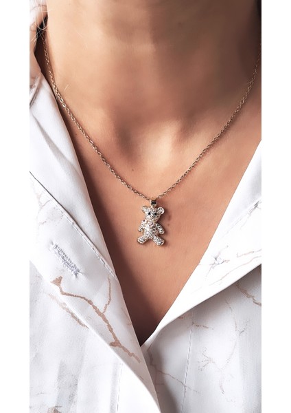 Peluş Ayı Figürlü Zirkon Taşlı Çelik Kolye fiyatları