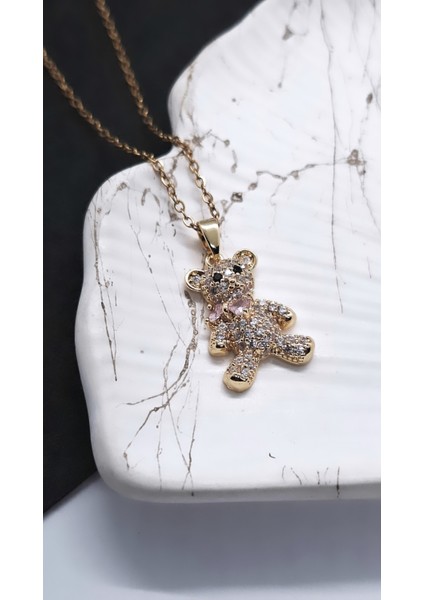 Peluş Ayı Figürlü Zirkon Taşlı Çelik Kolye modelleri