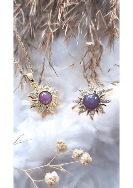 Mor Güneş Çelik Kolye Yüzük Set