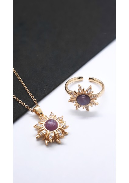 Mor Güneş Çelik Kolye Yüzük Set fırsatları