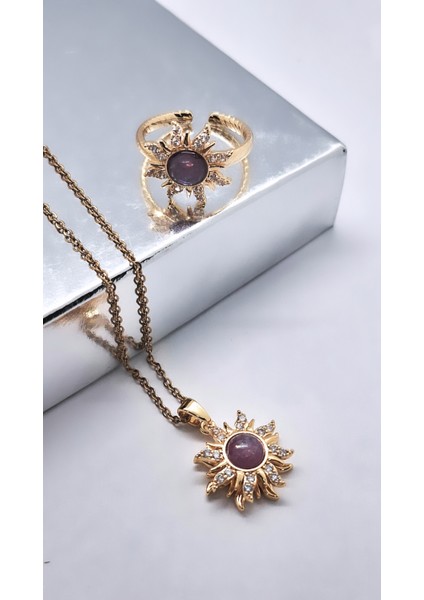Mor Güneş Çelik Kolye Yüzük Set