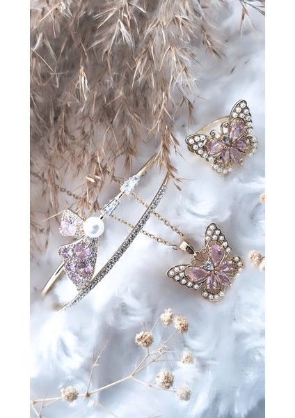 Pembe Zirkon Taşlı Kelebek Çelik 3 Lü Set
