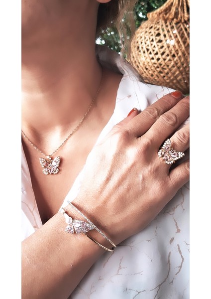 Pembe Zirkon Taşlı Kelebek Çelik 3 Lü Set fiyatları