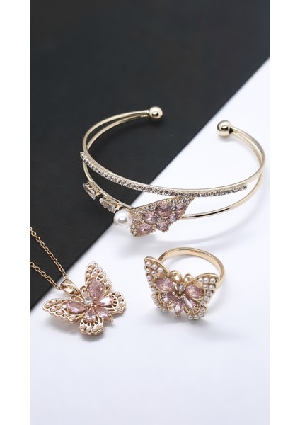 Pembe Zirkon Taşlı Kelebek Çelik 3 Lü Set modelleri