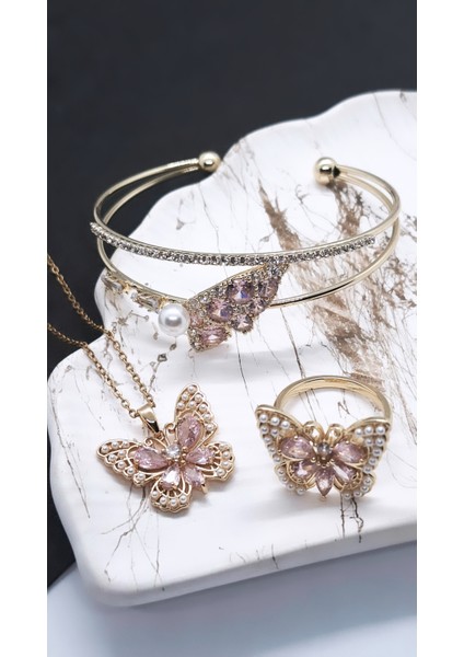 Pembe Zirkon Taşlı Kelebek Çelik 3 Lü Set fırsatları