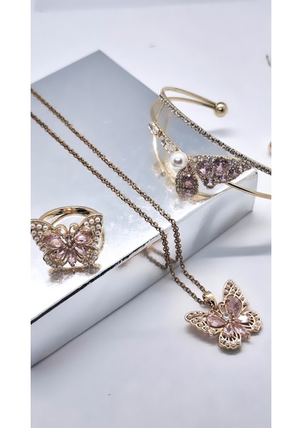 Pembe Zirkon Taşlı Kelebek Çelik 3 Lü Set indirimleri