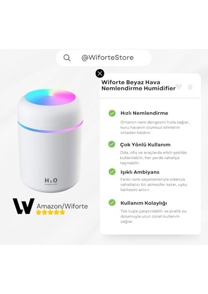 Wiforte Beyaz Hava Nemlendirme Humidifier – Ortam, Oda ve Araç Için Buhar Makinesi, Işıklı Nemlendirici Sprey (Yüksek Performans) fiyatları