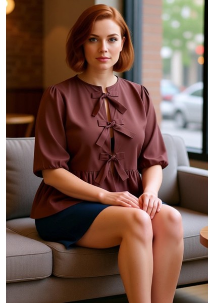 Kadın Moda Şık Büyük Beden Uzun Bisiklet Yaka Regular Kalıp Dokuma Kadın Fiyonklu Bluz