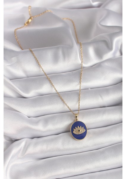 316L Çelik Gold Renk Zincir Mavi Mineli Zirkon Taşlı Göz İşleme Kadın Kolye - TJ-BKO9505 fırsatları