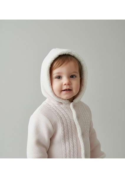 Içi Welsoft Kürklü, Kapüşonlu, Örgü Desenli Triko Bebek Hırkası