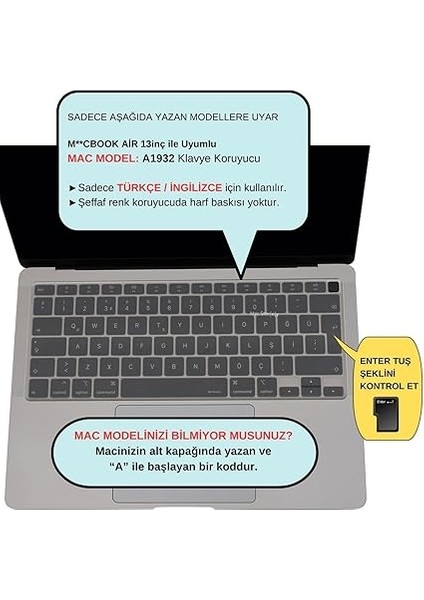 Laptop Macbook Air 13INÇ Klavye Koruyucu (Türkçe Q) Touchıd'li A1932 Modeli ile Uyumlu Şeffaf fiyatları