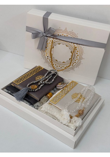 Gri-Krem Damat Bohçası, Gelin Bohçası, Seccade Seti, Nişan Bohçası, Çeyizlik Set, Çeyizlik Seccade