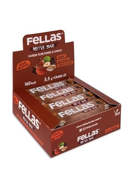 Fellas Meyve Bar, Karışık Kuruyemişli ve Kakaolu, 40GR x 12 Adet