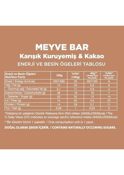 Fellas Meyve Bar, Karışık Kuruyemişli ve Kakaolu, 40GR x 12 Adet fiyatları