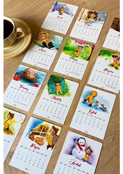 2025 Özel Tasarım Suluboya İllüstrasyon Ahşap Ayaklı Takvim 12 Adet Sevimli Kediler