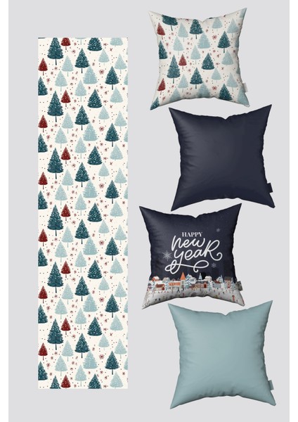 Lacivert Yeşil Çam Ağacı Yılbaşı 4 Kırlent Kılıfı 1 Runner Seti