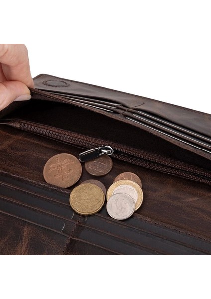 Aura Hakiki Deri, El Yapımı, Telefon Bölmeli, Kadın Cüzdanı, Koyu Kahve fırsatları