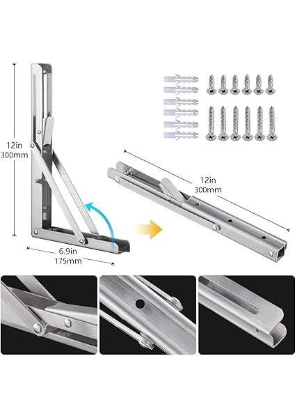 Profesyonel Ağır Hizmet Tipi Katlanır Konsol, Paslanmaz Çelik, Katlanır Konsol, Masa, Katlanabilir Raf Braketleri, Tezgahlar ve Raflar Için Raf Braketleri (300 Mm, 2 Parça) fiyatları