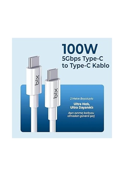 BX08CC 100W 5gbps E-Mark Çipli Type-C To Type-C Pd Şarj ve Data Kablosu 2 Metre Beyaz fiyatları