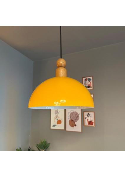 Yimpi Sarı Kalın Ahşap Boncuk Başlık Avize Tekli Sarkıt Salon Dekoratif Aydınlatma Pastane