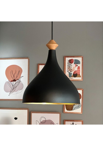 Uzun Siyah Tekli Sarkıt Ahşap Q Başlık Avize Salon Mutfak Cafe Restoran Lamba Çocuk Oda Avize