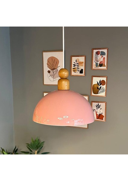 Yimpi Pembe Kalın Ahşap Boncuk Başlık Avize Tekli Sarkıt Salon Dekoratif Aydınlatma Pastane