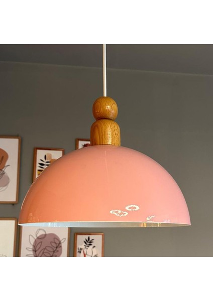 Yimpi Pembe Kalın Ahşap Boncuk Başlık Avize Tekli Sarkıt Salon Dekoratif Aydınlatma Pastane