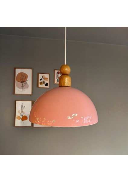 Yimpi Pembe Kalın Ahşap Boncuk Başlık Avize Tekli Sarkıt Salon Dekoratif Aydınlatma Pastane