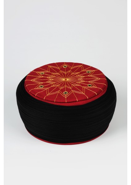 Talebe Sarığı - Siyah Kumaş - Bordo Takke - Yuvarlak Sarım - Kuş Gözü - 5 Metre