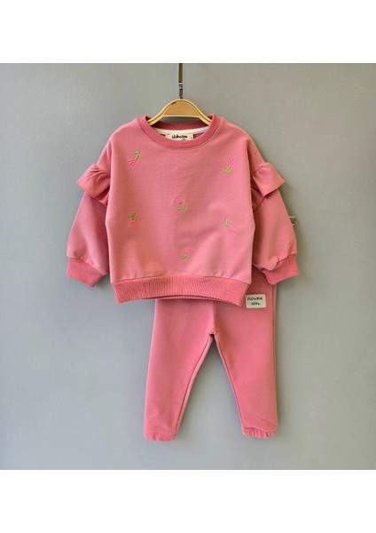 1-4 Yaş Kız Çocuk Iki Ip Likralı Fırçalı Kumaş Lale Desenli Ikili Takım
