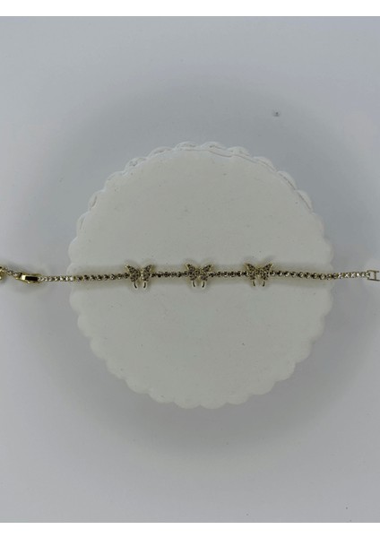 Taşlı Üç Kelebekli Gold Su Yolu Bileklik