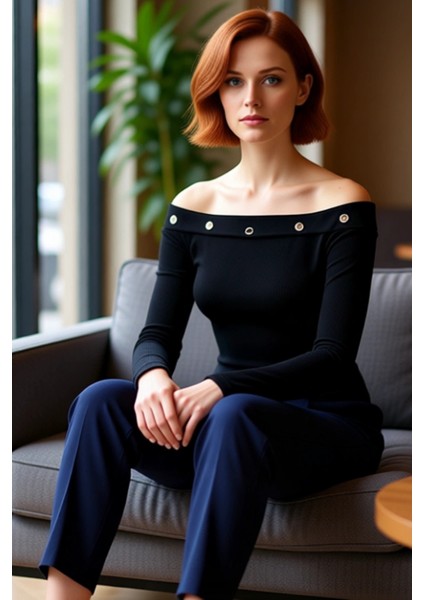 Kadın Uzun Kollu Carmen Yaka Gözlü Esnek Örme Üst Kaliteli Şık Rahat Modern Zarif Günlük