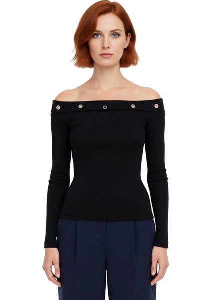 Kadın Uzun Kollu Carmen Yaka Gözlü Esnek Örme Üst Kaliteli Şık Rahat Modern Zarif Günlük fiyatları