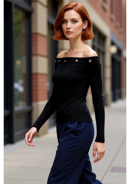 Kadın Uzun Kollu Carmen Yaka Gözlü Esnek Örme Üst Kaliteli Şık Rahat Modern Zarif Günlük fırsatları