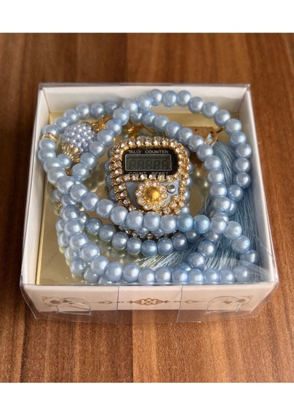Bebe Mavisi Taşlı Zikirmatik ve Inci Tesbih Seti Hediyelik Zikirmatik Sayaç