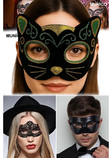 3 Adet Kadife Kaplama, Lastikli | Maskeli Balo ve Kostüm Partisi Için Siyah Renk Kedi Maskesi