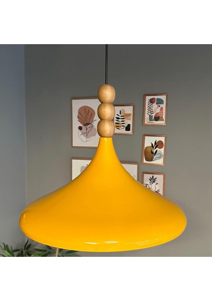 45 cm Çaplı Xl Sarı Ahşap Üç Boncuklu Avize Tekli Sarkıt Restoran Salon Mutfak Avizeleri