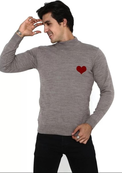 Unisex Yarım Boğazlı Baskılı Dokuma Triko - Vizon fiyatları