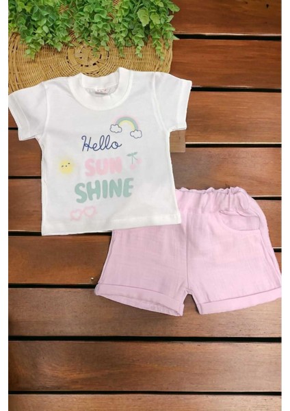 Kız Bebek Güneş Desenli 2'li Alt Üst Müslin Şortlu Takım Yazlık Ince %100 Pamuk