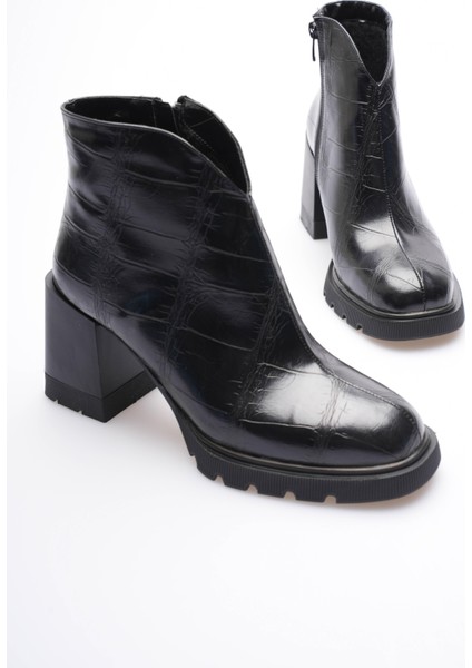 Kadın Deri Bot Kroko Kalın Topuklu Fermuarlı Siyah Orvella