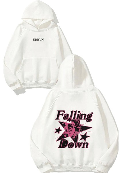 Falling Down Tasarım Baskılı Oversize Beyaz Kapüşonlu Sweatshirt