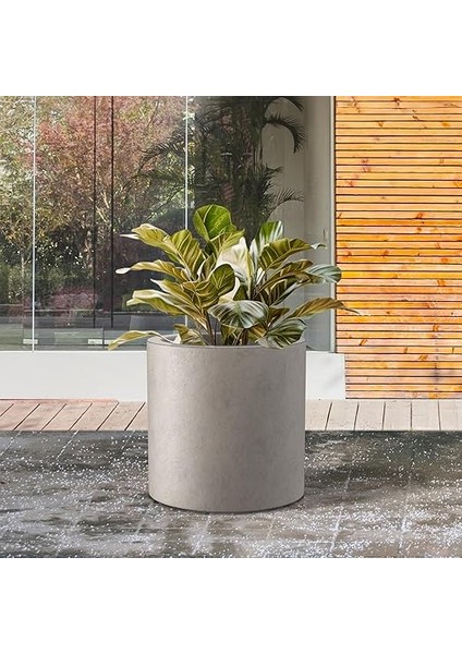 12.6 "dia Yuvarlak Beton Saksı, Modern Stil Büyük Silindirik Bitki Saksısı, Drenaj Deliği ve Iç Mekan Dış Mekan Veranda Için Kauçuk Tapa, Yıpranmış Beton fırsatları
