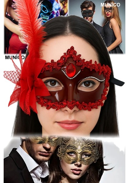 2 Adet Kırmızı Mat Maske – 16X22 Cm, Tüylü ve Güllü Tasarım | Özel Davetler ve Fotoğraf Çekimi Için fiyatları
