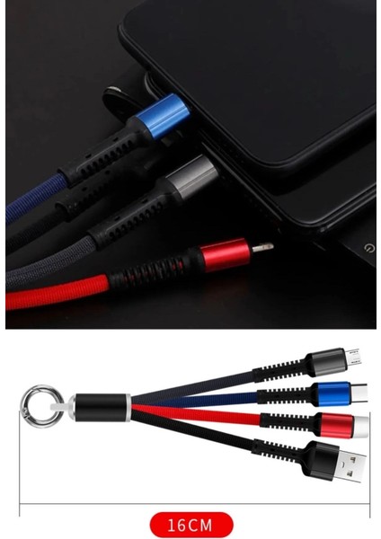 Buğz Işıklı Anahtarlık Model 3 In 1 USB Çıkışlı Mikro,type-C ve Iphone Uyumlu Şarj Kablosu