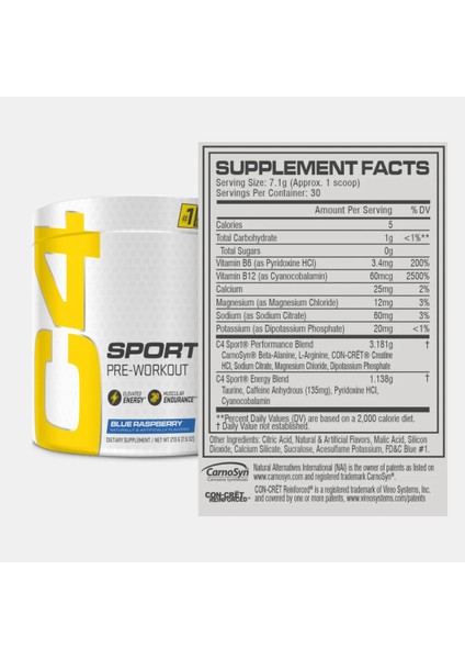 C4 Sport Pre-Workout Blue Raspberry 7.5 Oz (213 G) 30 Servis Usa modelleri