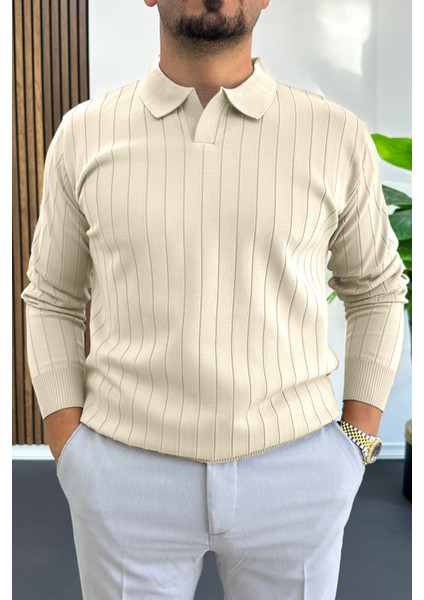 Erkek Açık Yaka Normal Kalıp Kazak Krem EDW412
