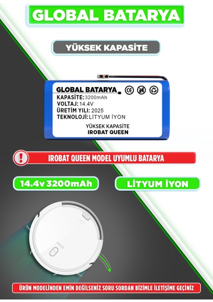 Irobat Queen Uyumlu Robot Süpürge Bataryası 14.4V 2600MAH Li-Ion Pil (Orijinal Kapasite)