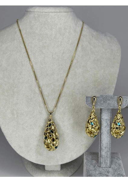 Damla ve Dikdörtgen Şekilli Mavi ve Altın Renkli Set