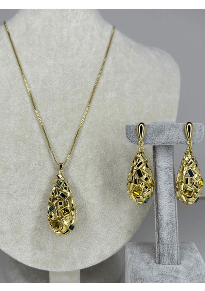 Damla ve Dikdörtgen Şekilli Mavi ve Altın Renkli Set fiyatları