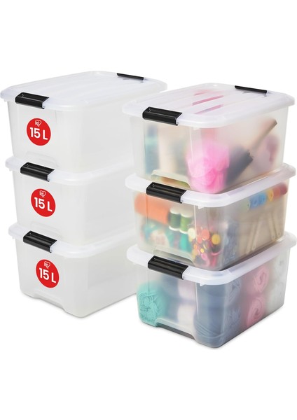 Ohyama Kapaklı Plastik Saklama Kutuları, 15L, 6'lı Set, Şeffaf